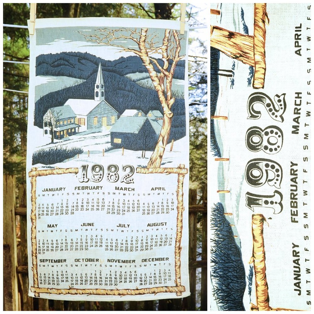 Vintage 1982 Country Village & Church in Twilight Calendar Towel Birthday Gift
